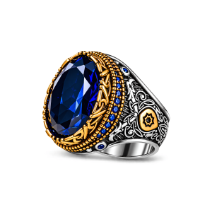 Men’s Blue Sapphire Ring in 925 Sterling Silver – Handmade Turkish Style Statement Ring