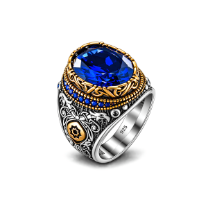 Men’s Blue Sapphire Ring in 925 Sterling Silver – Handmade Turkish Style Statement Ring