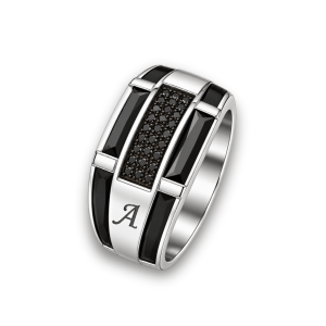 Personalized Men’s Black Zircon Ring in 925 Sterling Silver – Handmade Engraved Baguette Signet Ring