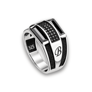 Personalized Men’s Black Zircon Ring in 925 Sterling Silver – Handmade Engraved Baguette Signet Ring