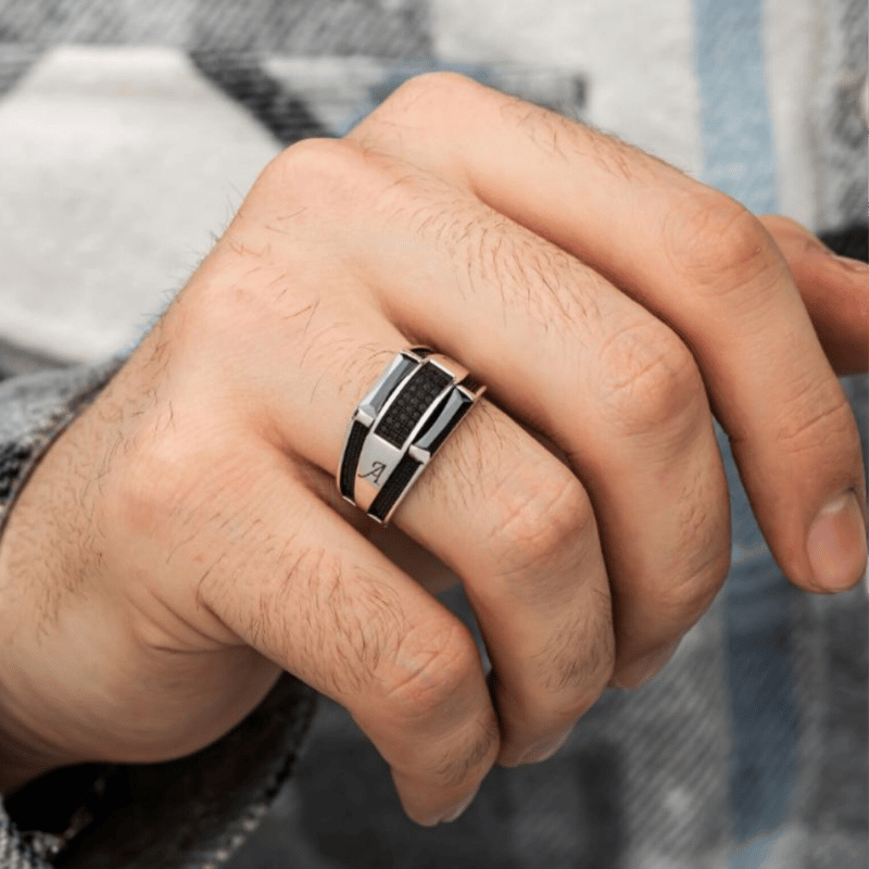 Personalized Men's Black Zircon Ring in 925 Sterling Silver – Handmade Engraved Baguette Signet Ring - Image 3