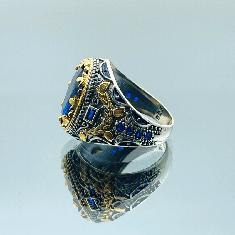 Men's Blue Sapphire Ring in 925 Sterling Silver – Handmade Turkish Style Statement Ring - Image 5