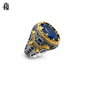 Men’s Blue Sapphire Ring in 925 Sterling Silver – Handmade Turkish Style Statement Ring