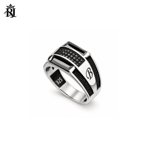 Personalized Men’s Black Zircon Ring in 925 Sterling Silver – Handmade Engraved Baguette Signet Ring