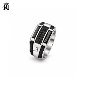 Personalized Men’s Black Zircon Ring in 925 Sterling Silver – Handmade Engraved Baguette Signet Ring