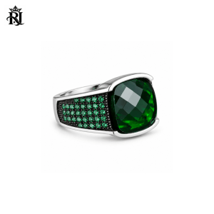 Men’s 925 Sterling Silver Emerald Signet Ring – Handmade Turkish Ottoman Style Square Green Stone Ring
