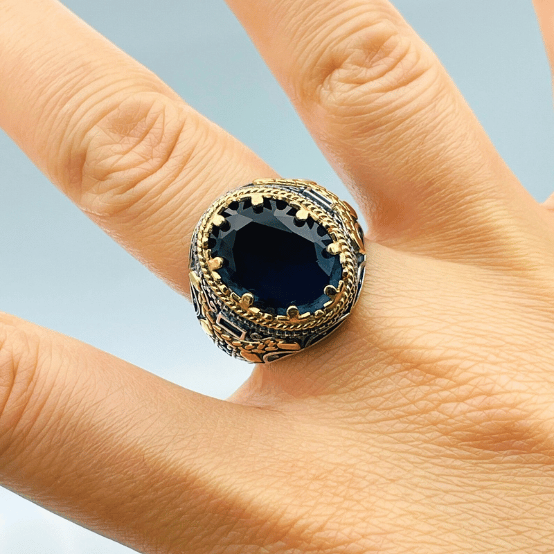 Men's Blue Sapphire Ring in 925 Sterling Silver – Handmade Turkish Style Statement Ring - Image 4